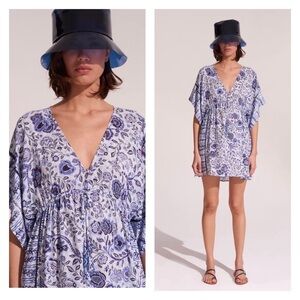 POUPETTE ST BARTH Amaya Kaftan Short Mini Dress Blue Pensee Small/Medium NWT